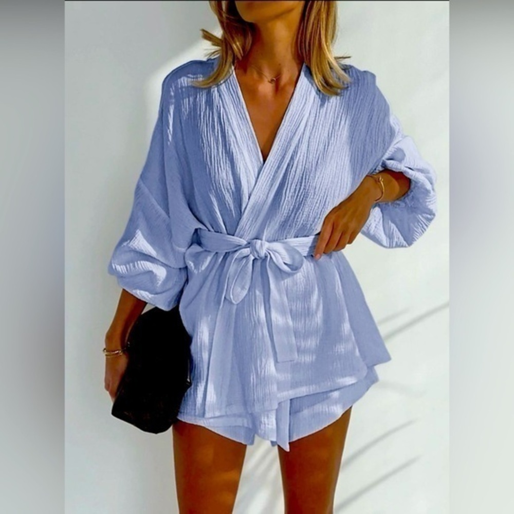 Commense Cotton Wonderland Light Blue Tied Two Piece Shorts Set size M